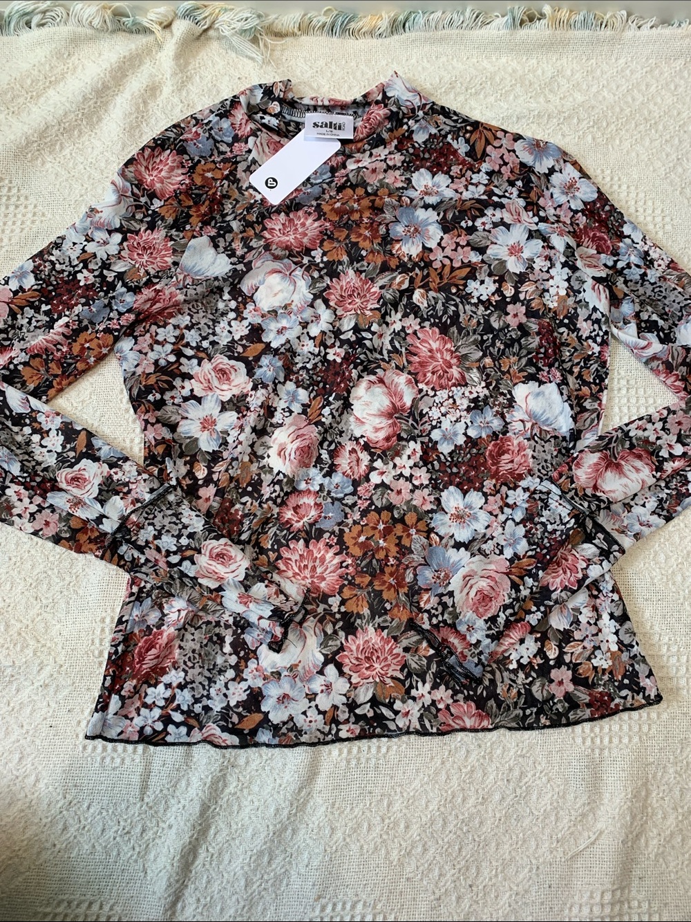 Floral Mesh Long-Sleeve Tee in Black with Pink & Brown Flowers